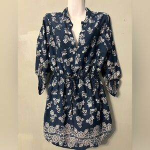 Time to Bloom blue and white Boho Paisley printed shirt dress Size M